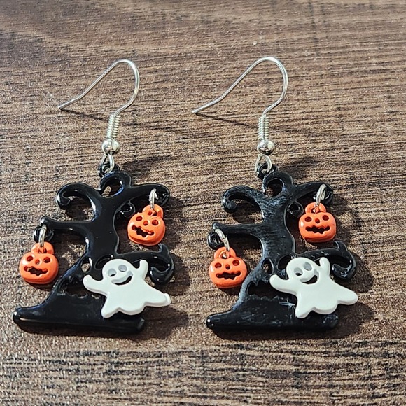 Unbranded Jewelry - Halloween Haunted Tree Ghost Pumpkin Dangle Earrings Black Orange Spooky 2.0"